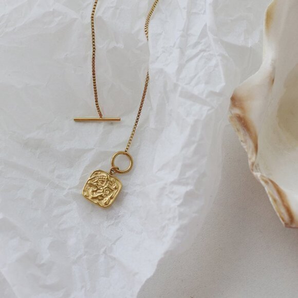 18K Gold Plated Circle Bar Square Pendant Necklace - Picture 11 of 11